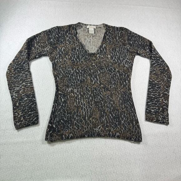 Tweeds 100% 2 Ply Cashmere Leopard Animal Print LS Size Small V Neck Sweater Top - Picture 3 of 9